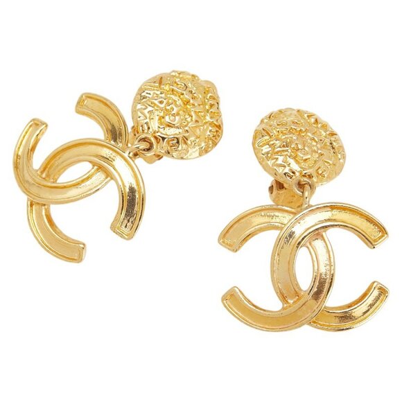 CHANEL Authentic Vintage Gold Logo Earrings